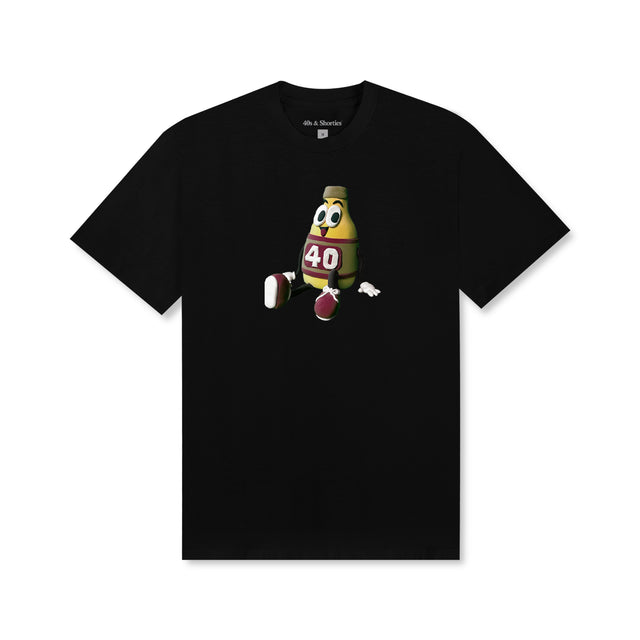 Front view of Clay Figure Tee in Black with cartoon bottle mascot graphic print