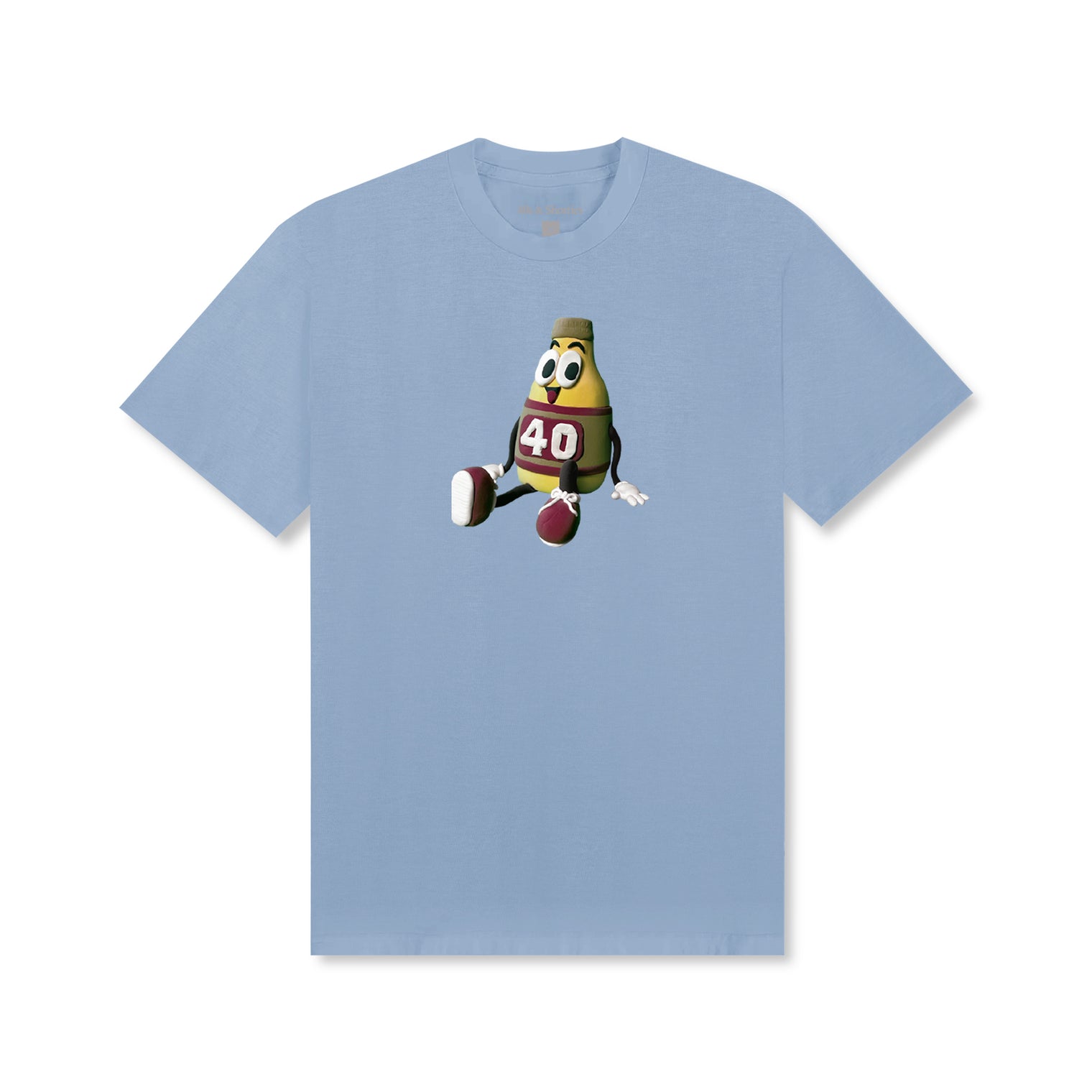 Front view of Clay Figure Tee in Carolina Blue with cartoon bottle mascot graphic print
