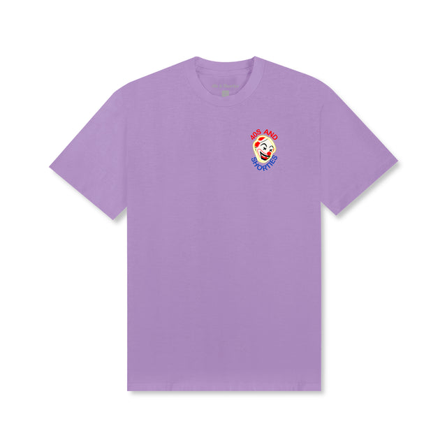 Front view of the Clowning Tee in orchid featuring a small 40s & Shorties clown logo on the left chest.