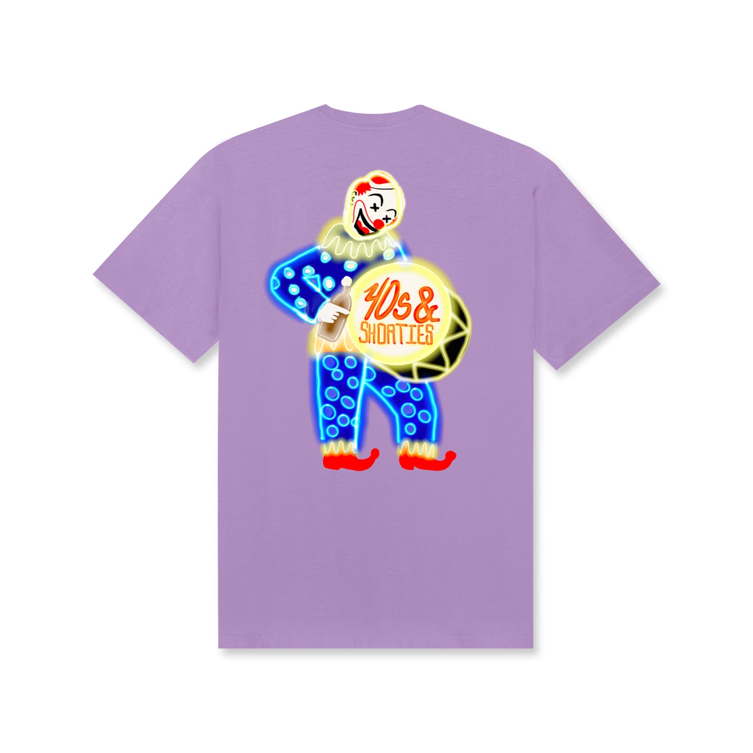Back view of the Clowning Tee in orchid with a large neon-style clown holding a drum with 40s & Shorties branding.
