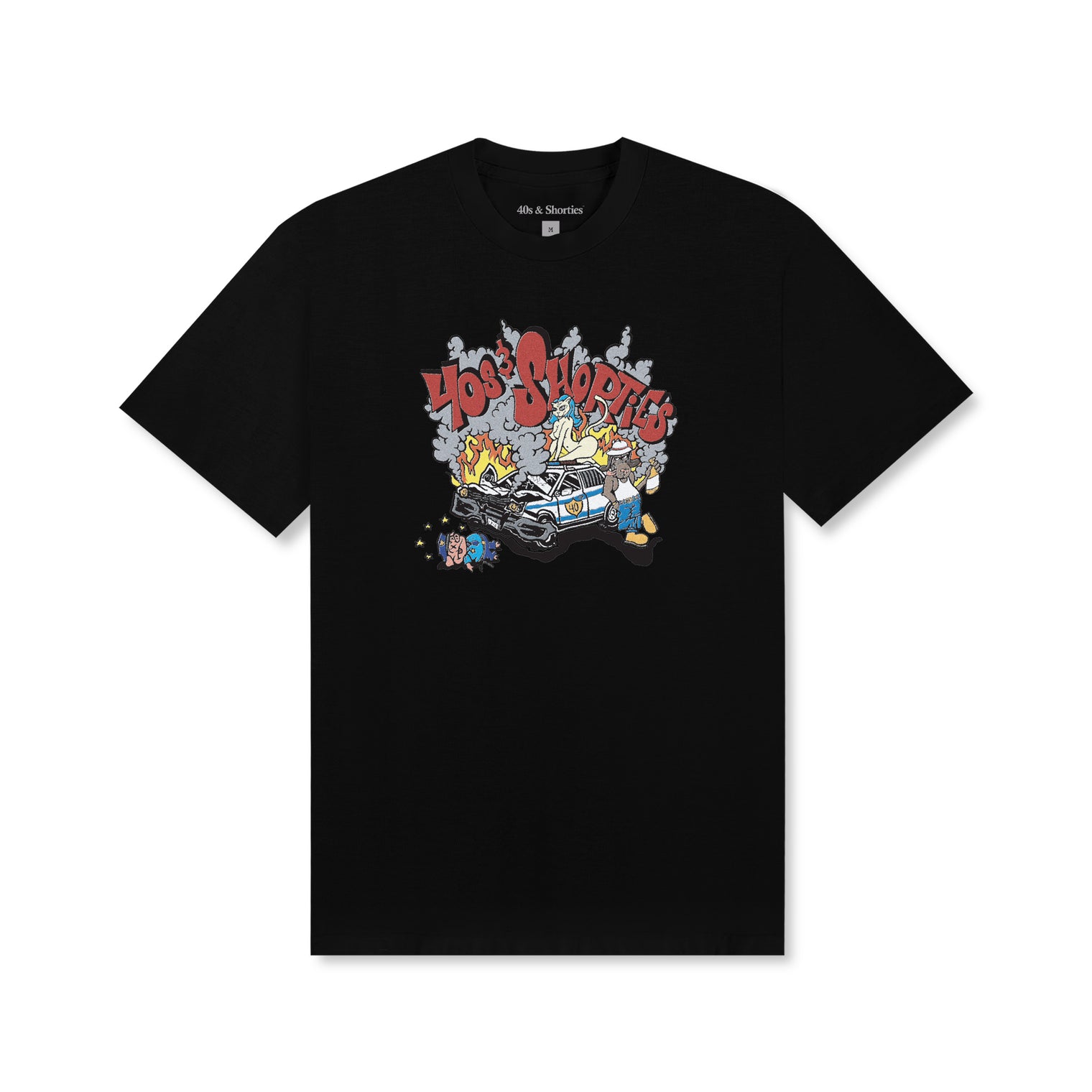 Crash Tee Black – Flat lay with graphic print of burning cop car and 40s & Shorties logo