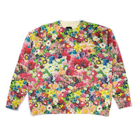 Front view of the 40s & Shorties Flower Collage Sweater featuring all-over colorful floral print and embroidered chest logo.