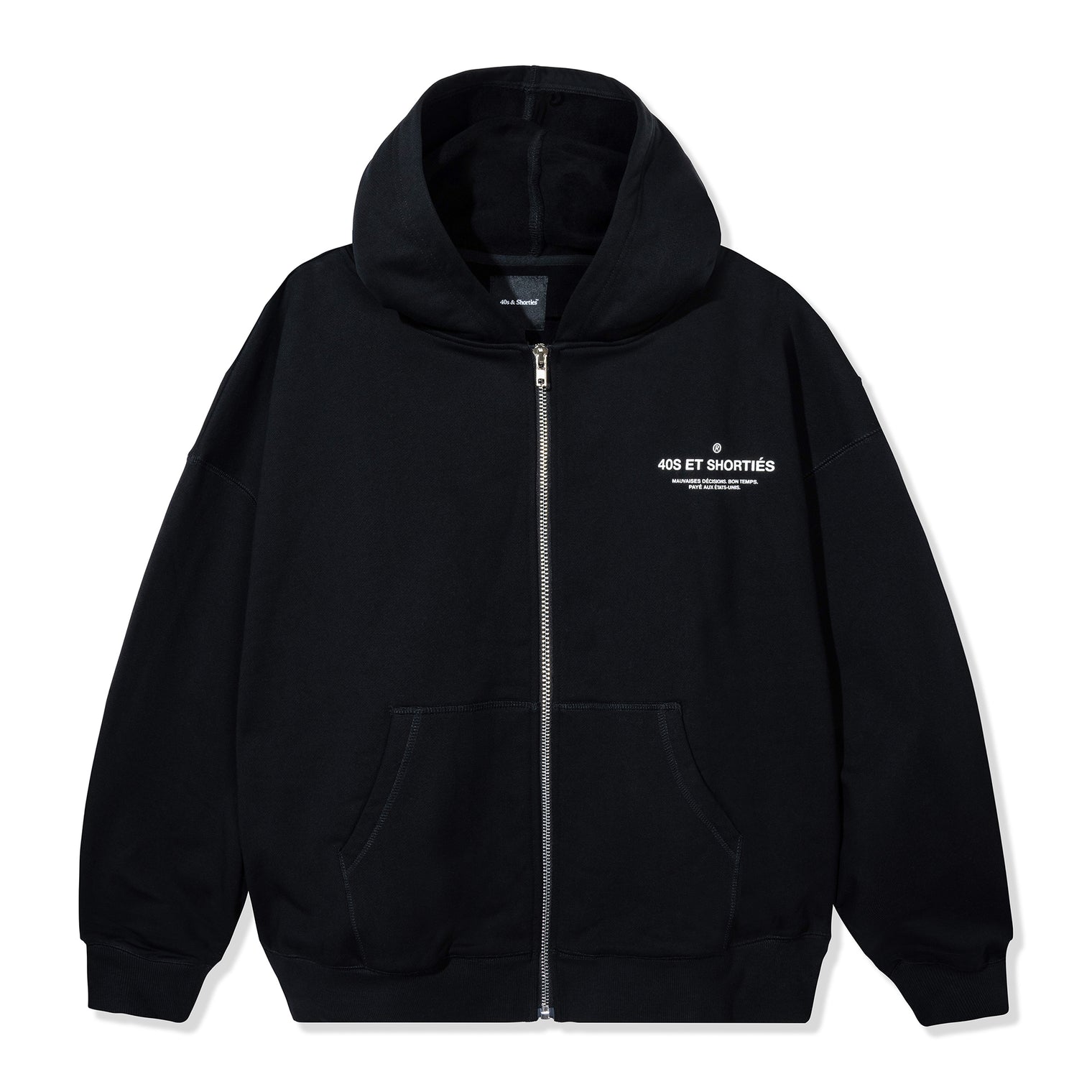 French General Zip Hoodie in black with white French text printed on left chest, full-zip closure, and kangaroo pockets – 40s & Shorties.