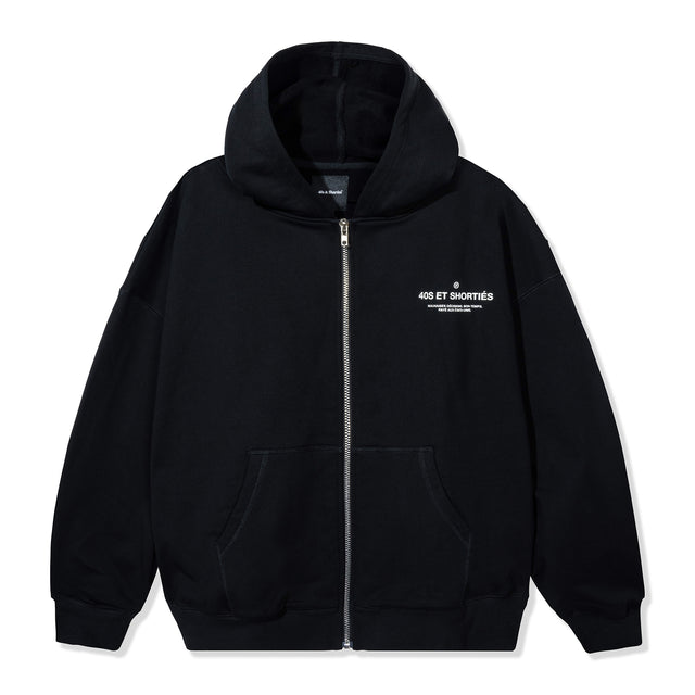 French General Zip Hoodie in black with white French text printed on left chest, full-zip closure, and kangaroo pockets – 40s & Shorties.