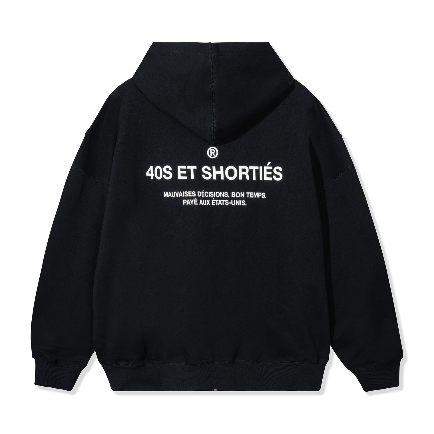 Back view of black French General Zip Hoodie featuring bold white French text across the shoulders – 40s & Shorties.