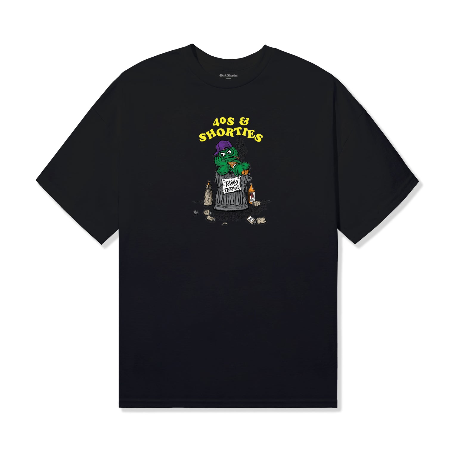 Front view of the Garbage Tee in Black by 40s & Shorties featuring a printed cartoon trash can graphic with a green character and “40s & Shorties” text above.