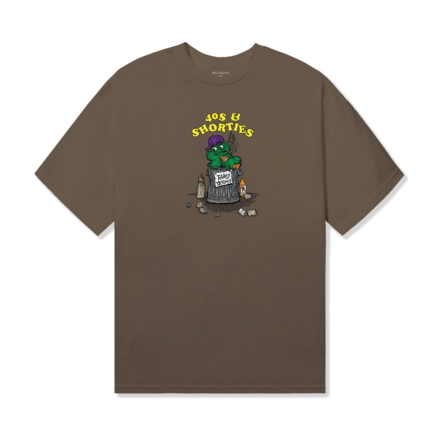 Front view of the Garbage Tee in Prairie Dust by 40s & Shorties featuring a printed cartoon trash can graphic with a green character and “40s & Shorties” text above.