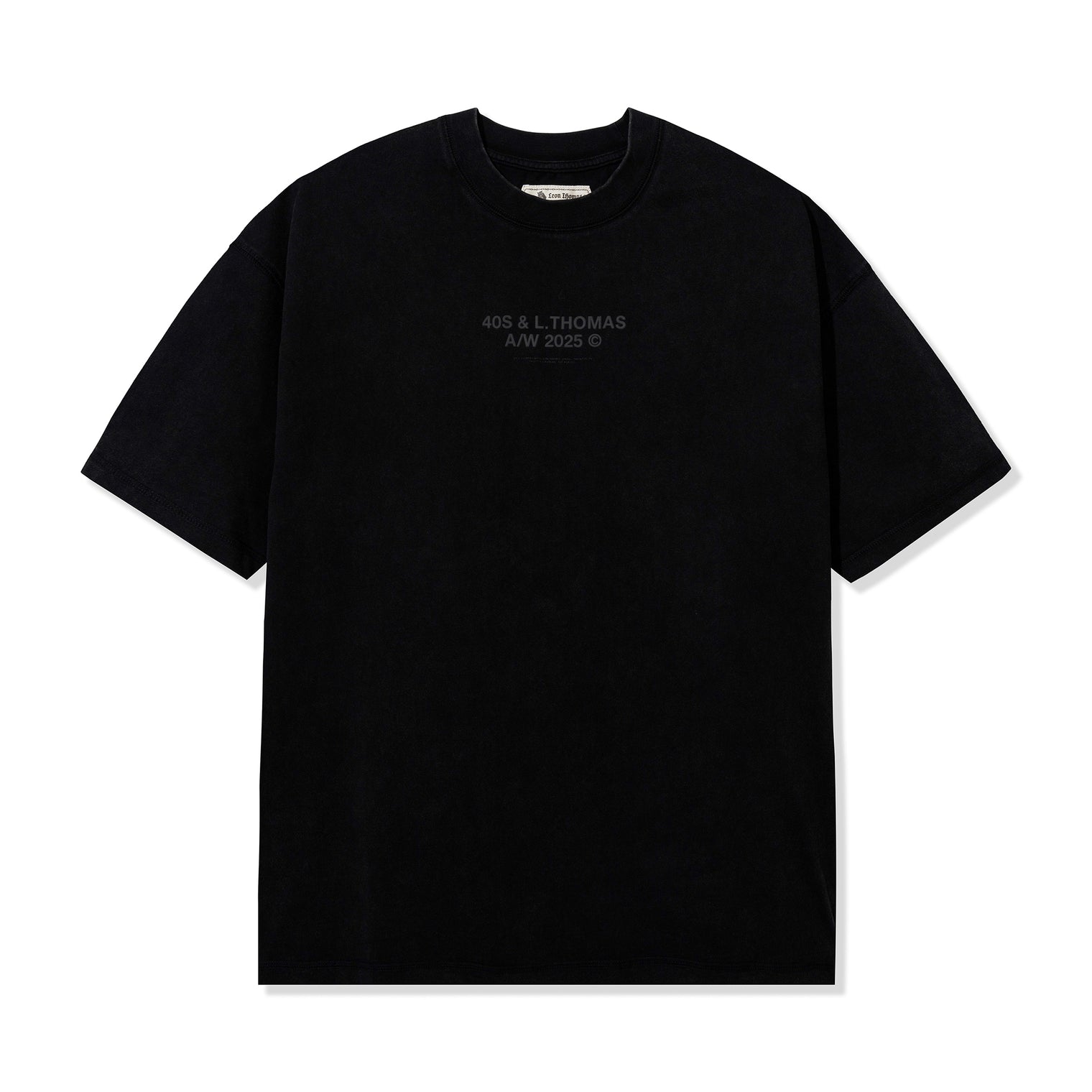 Front product shot of Leon General Logo Tee in black with minimalist puff print