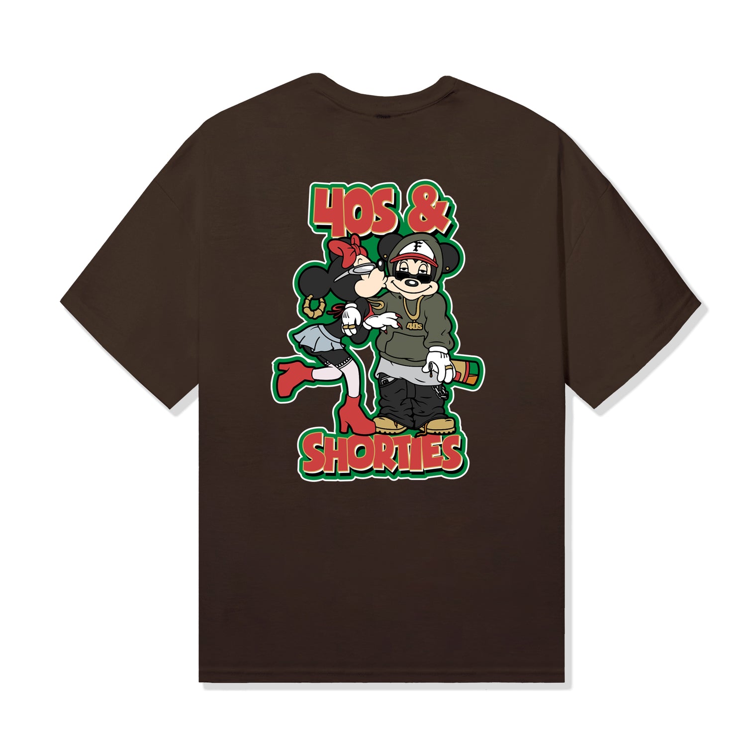Get It Tee in Dark Chocolate – back view with bold cartoon-inspired characters and 40s & Shorties logo