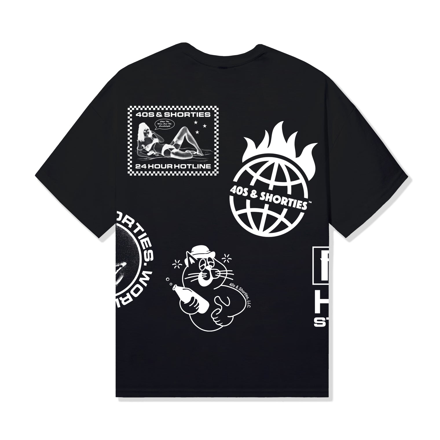 Layout Tee Black back view with hotline, globe, and cat artwork – 40s & Shorties