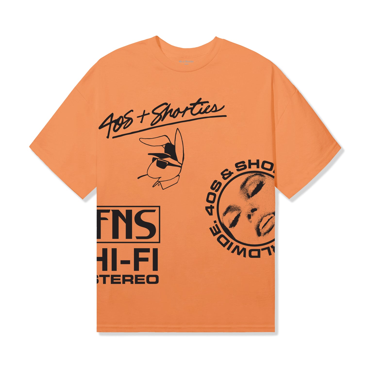 Layout Tee Tangerine front view with bold white graphics – 40s & Shorties