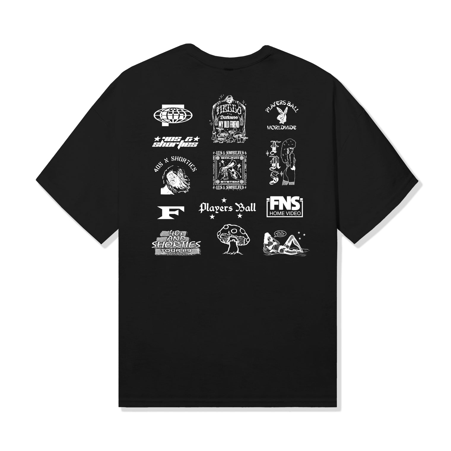 Full back view of the Grid Tee in black showing grid of white printed artwork.