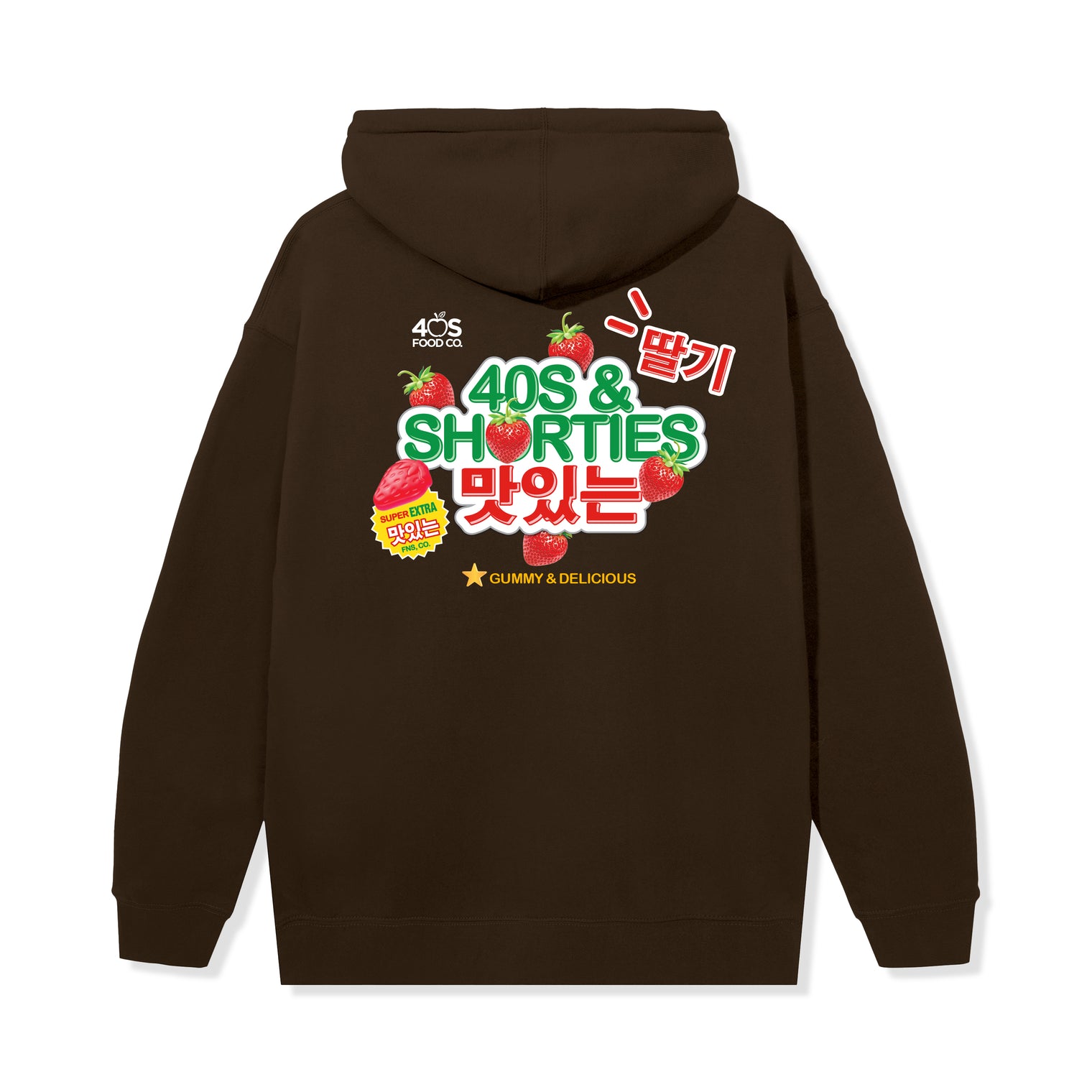 Back view of Gummy Hoodie showing large strawberry-themed graphic
