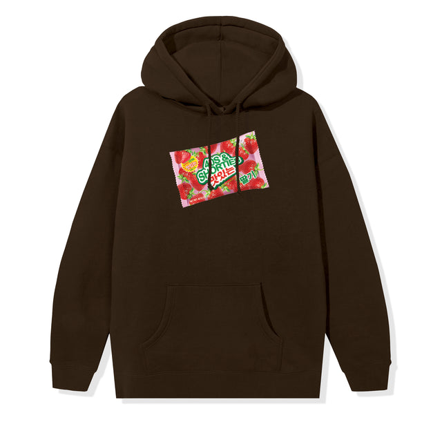 Front view of Gummy Hoodie with candy packet artwork on chest