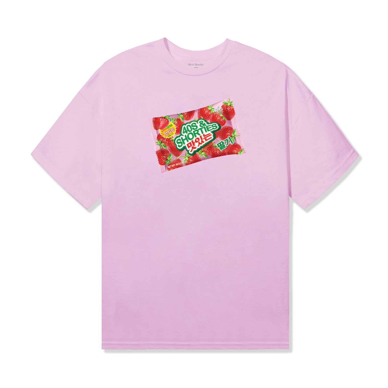 Front of pink cotton tee featuring a colorful strawberry candy package print with Korean text and 40s & Shorties branding.