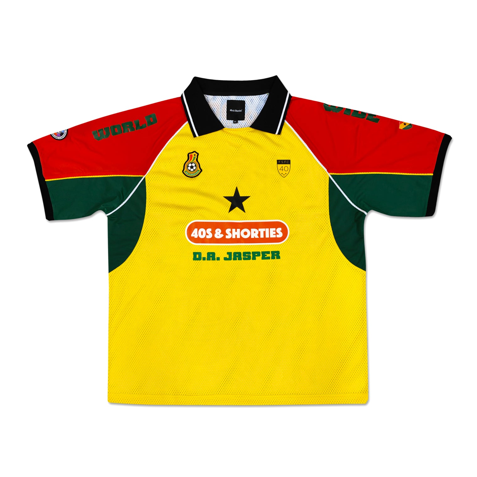 Front view of 40s x D.A. Jasper Soccer Jersey with yellow body, red and green sleeves, and front star detail.