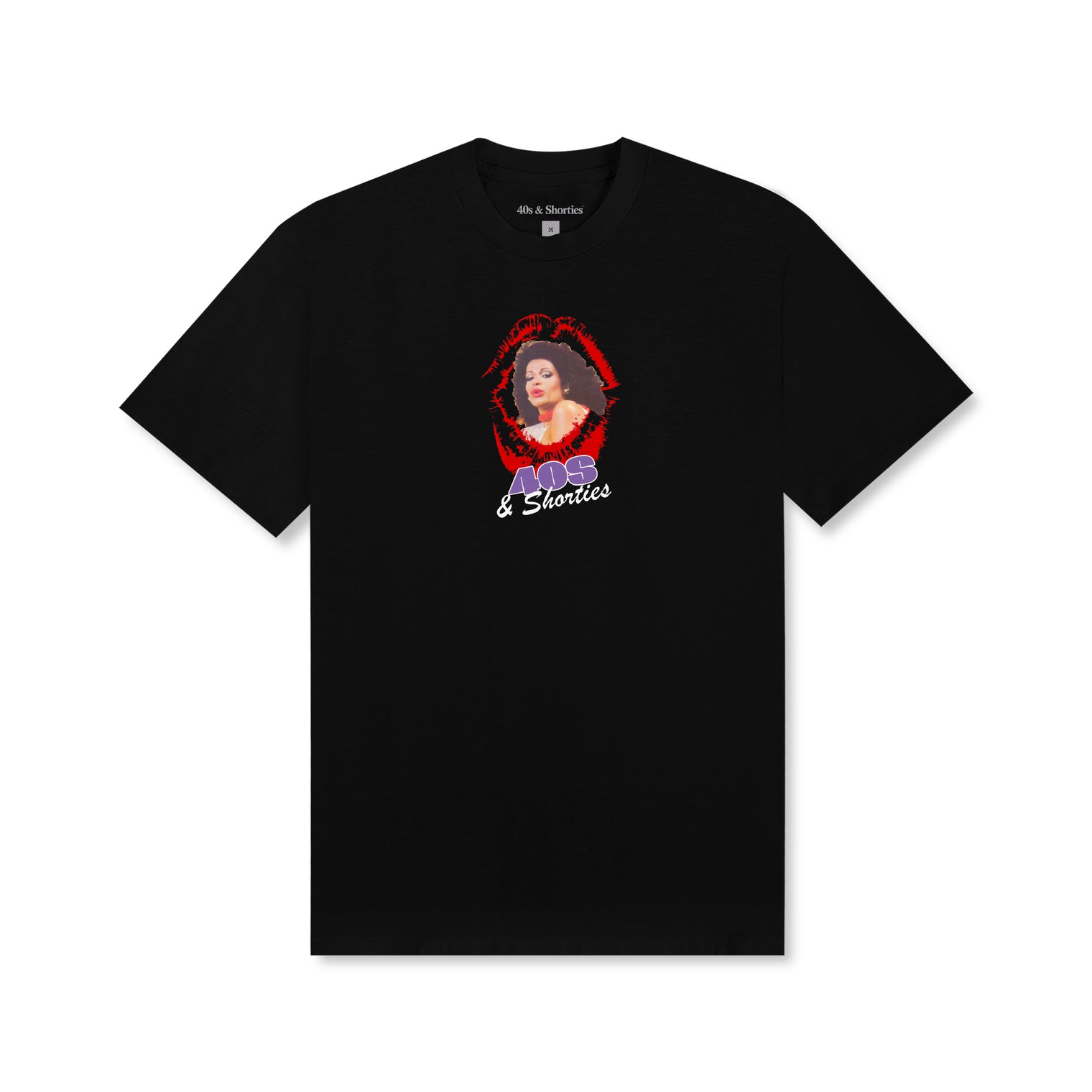 Front view of the Lucious Tee in Black featuring a printed graphic of a woman framed by red lips above a purple and white "40s & Shorties" logo.