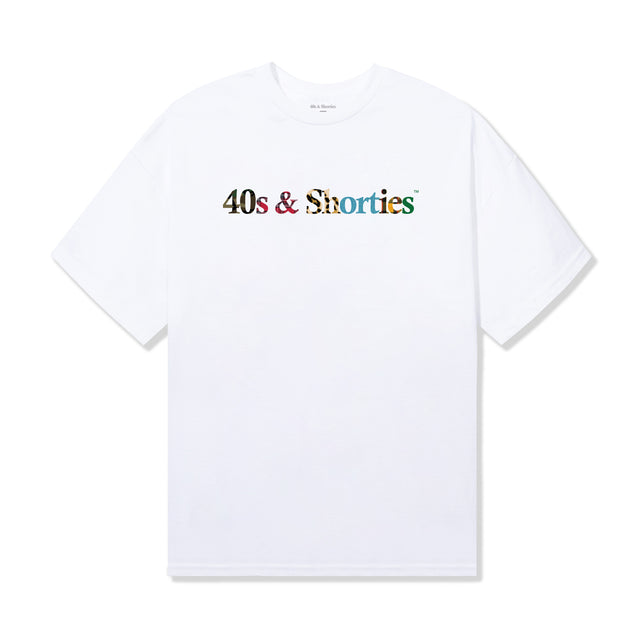 Front view of white tee with multicolor 40s & Shorties printed text logo across the chest