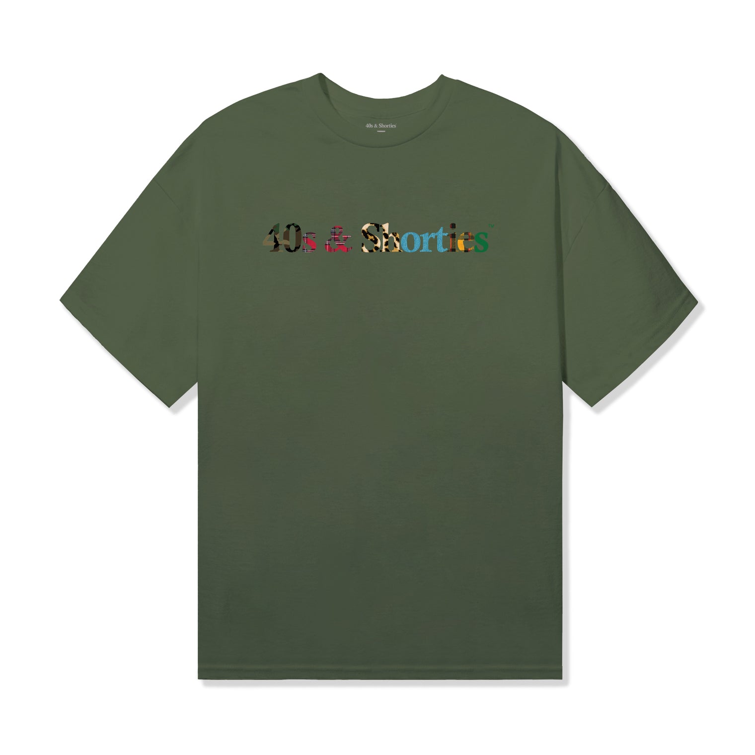 Front view of olive green tee with multicolor 40s & Shorties printed text logo across the chest