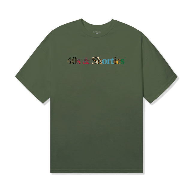 Front view of olive green tee with multicolor 40s & Shorties printed text logo across the chest
