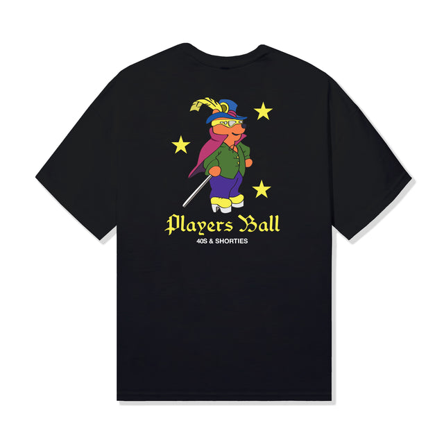 Black 40s & Shorties Players Ball Tee with back graphic of animated character in retro outfit surrounded by stars and "Players Ball" text