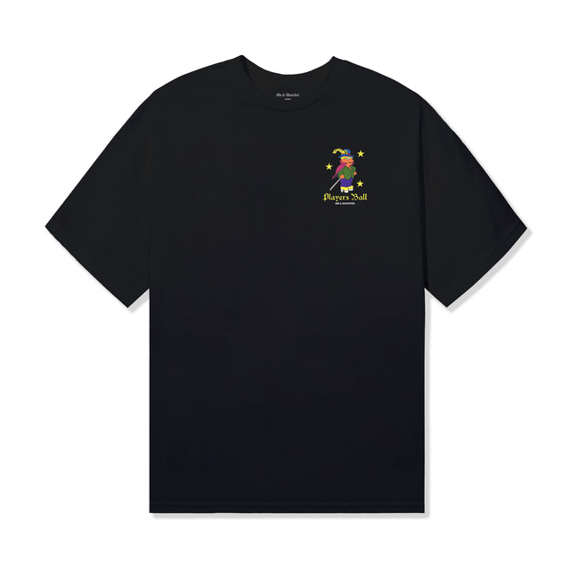 Front view of the Players Ball Tee in black featuring small chest graphic with animated character and "Players Ball" text