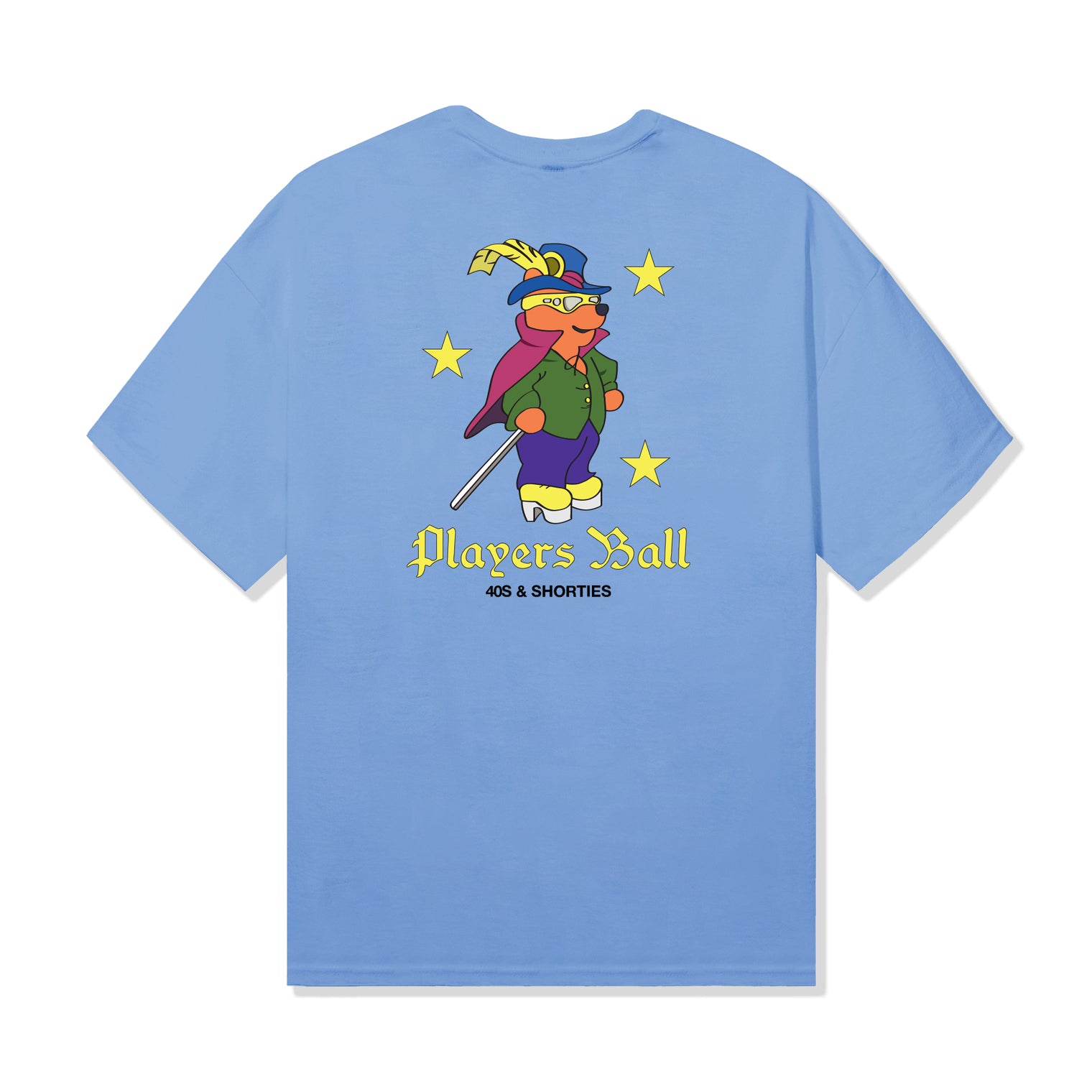 Carolina Blue 40s & Shorties Players Ball Tee with back graphic of animated character in retro outfit surrounded by stars and "Players Ball" text