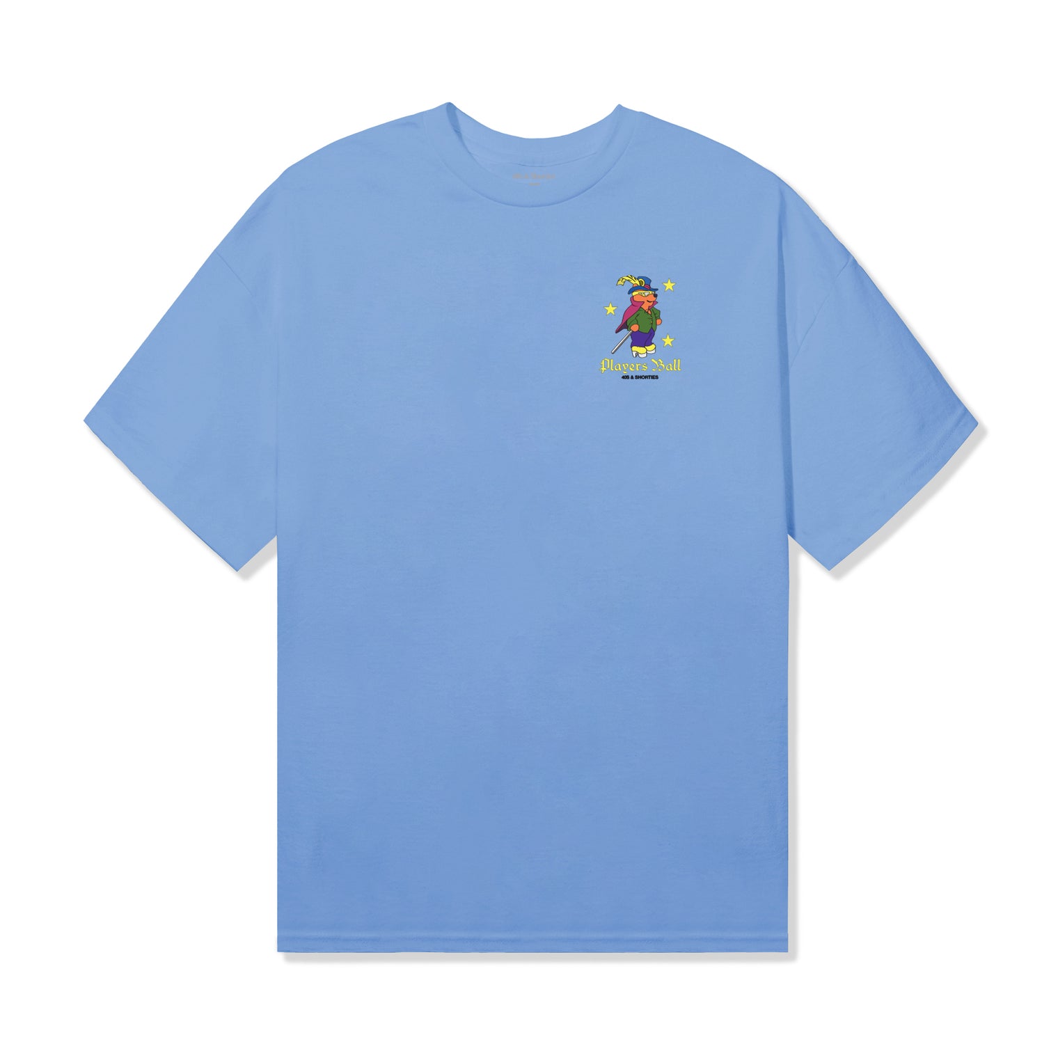 Front view of the Players Ball Tee in Carolina Blue featuring small chest graphic with animated character and "Players Ball" text