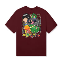 Back of Pull Up Tee in Burgundy with oversized street-style graphic