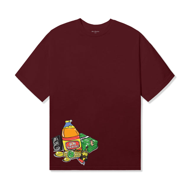 Front of Pull Up Tee in Burgundy with illustrated corner artwork