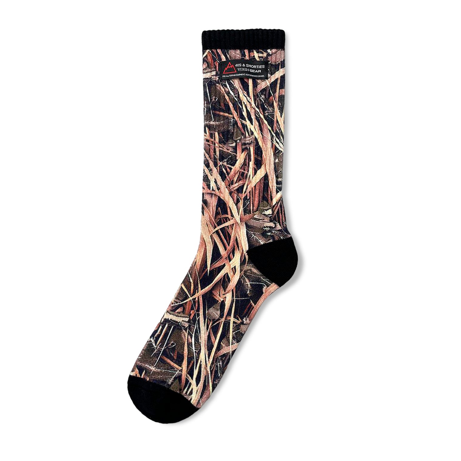 Single view of the 40s & Shorties Reed Camo Socks with full-body digital camo print and black heel/toe accents