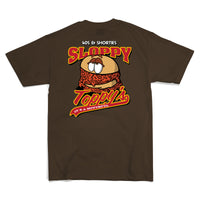 Back view of the Sloppy Toppy Tee in Chocolate with a large cartoon burger graphic and bold 40s & Shorties Sloppy Toppy text.