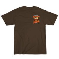 Front view of the Sloppy Toppy Tee in Chocolate featuring a cartoon burger graphic and 40s & Shorties logo on the left chest.