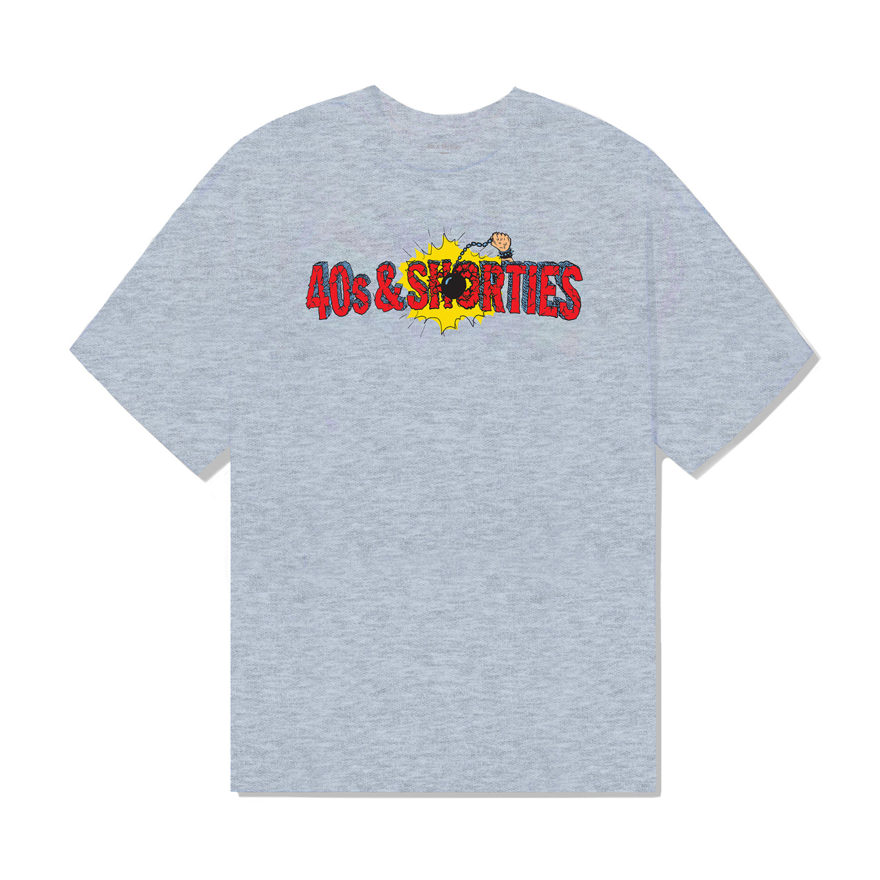 Full front view of the 40s & Shorties Smashing Tee in Athletic Heather with bold cartoon-style graphic across the chest.
