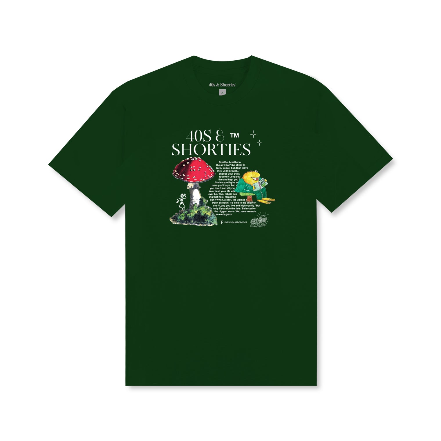 Front view of the Story Time Tee in Forest Green featuring a whimsical mushroom scene and storybook-style text graphic with 40s & Shorties branding.
