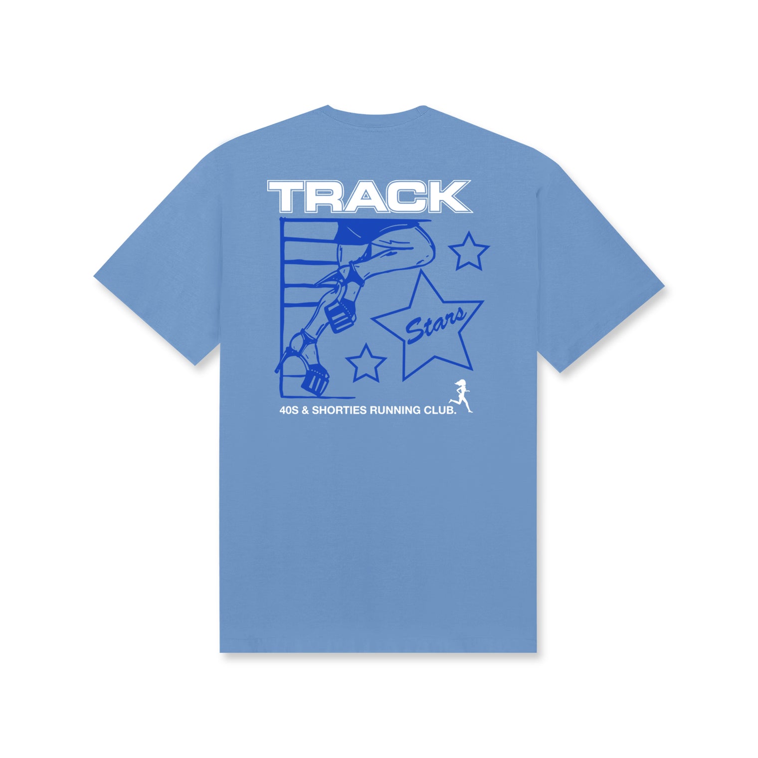 Track Stars Tee – Carolina Blue, back view featuring yellow runner graphic and stars