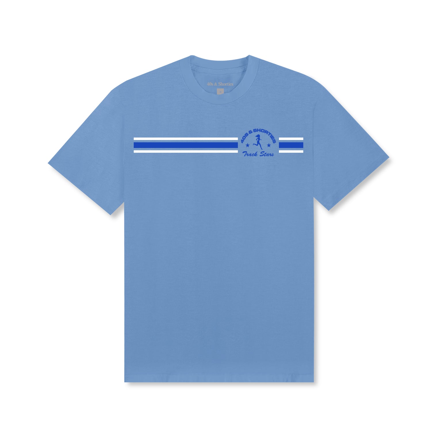 Track Stars Tee – Carolina Blue, front view with stripe detail and Running Club logo
