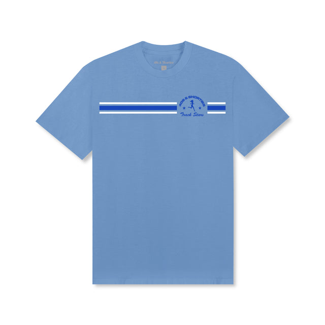 Track Stars Tee – Carolina Blue, front view with stripe detail and Running Club logo