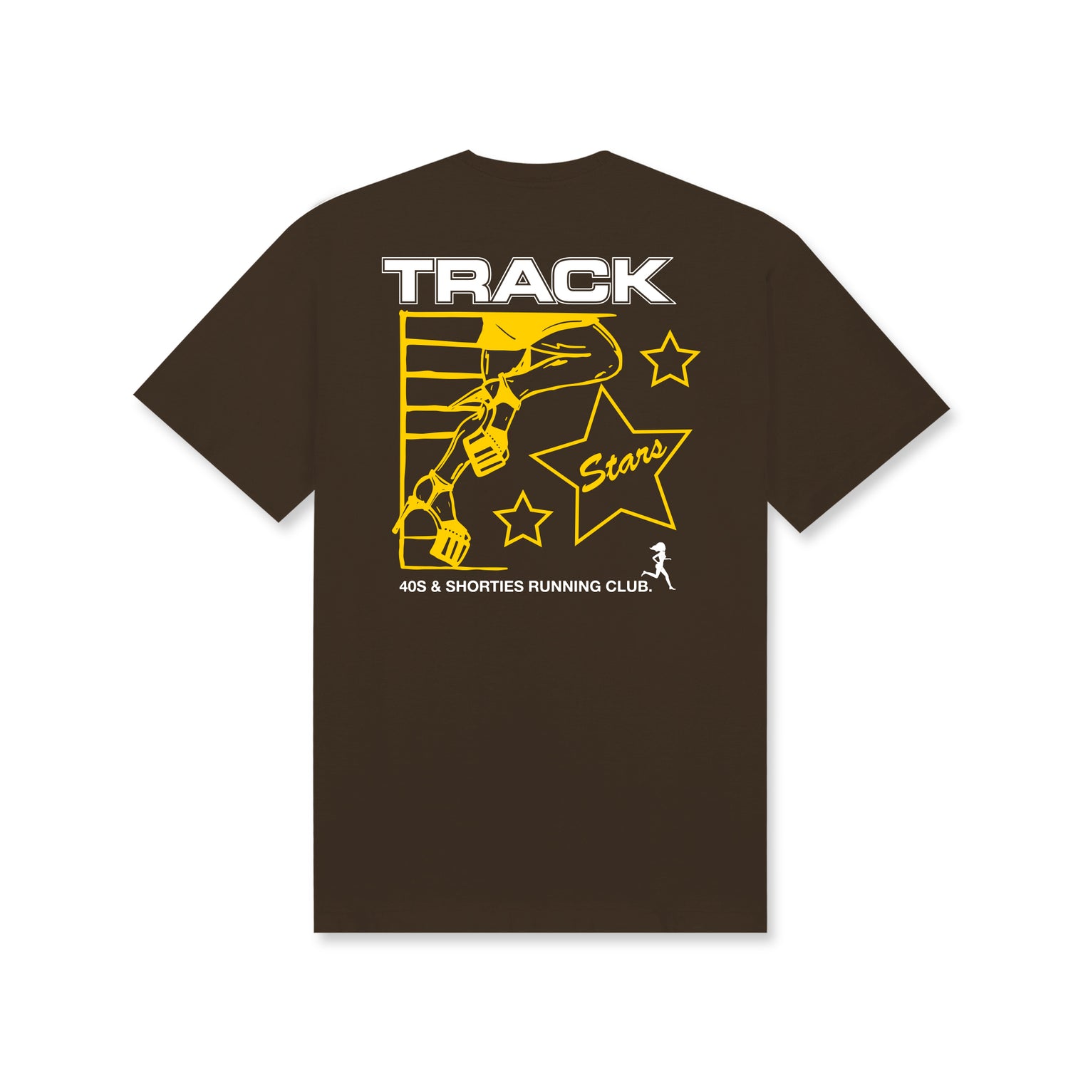 Track Stars Tee – Chocolate, back view featuring yellow runner graphic and stars