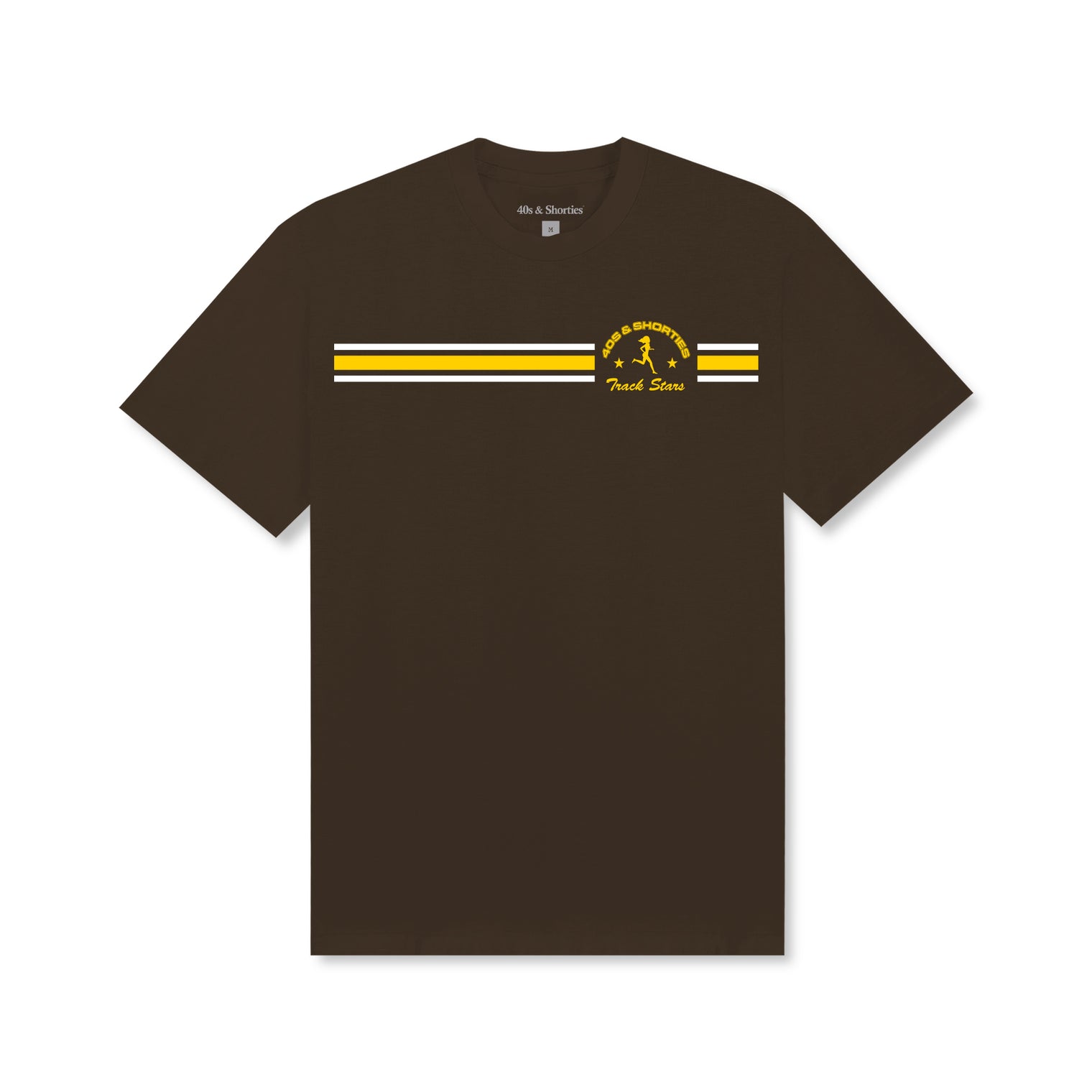 Track Stars Tee – Chocolate, front view with stripe detail and Running Club logo