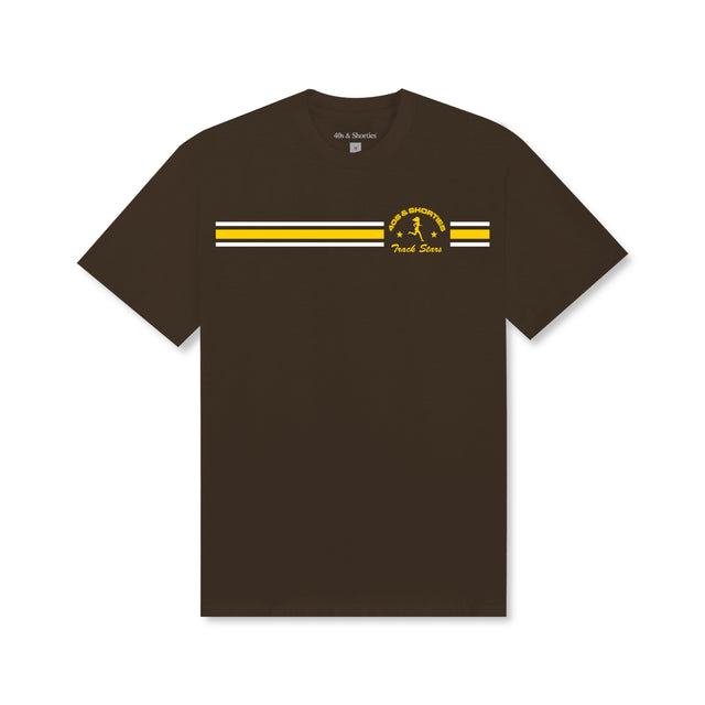 Track Stars Tee – Chocolate, front view with stripe detail and Running Club logo
