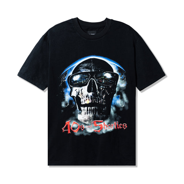 Tales Tee Black Front View – Black cotton tee featuring oversized skull graphic with glowing eyes and “40s & Shorties” text in red gothic font.