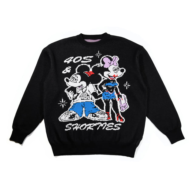 Front view of Toon Town Sweater in Black with jacquard knit cartoon design