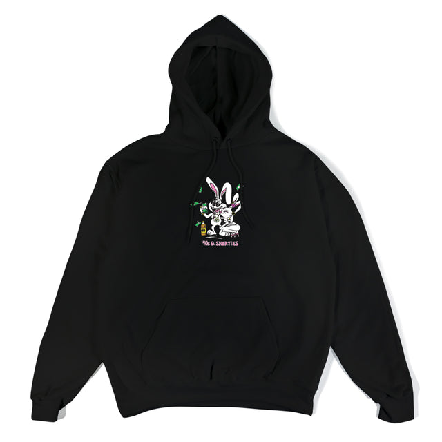 Front of black hoodie with centered graphic of two rabbits, cash, and a 40 oz bottle above 40s & Shorties branding.