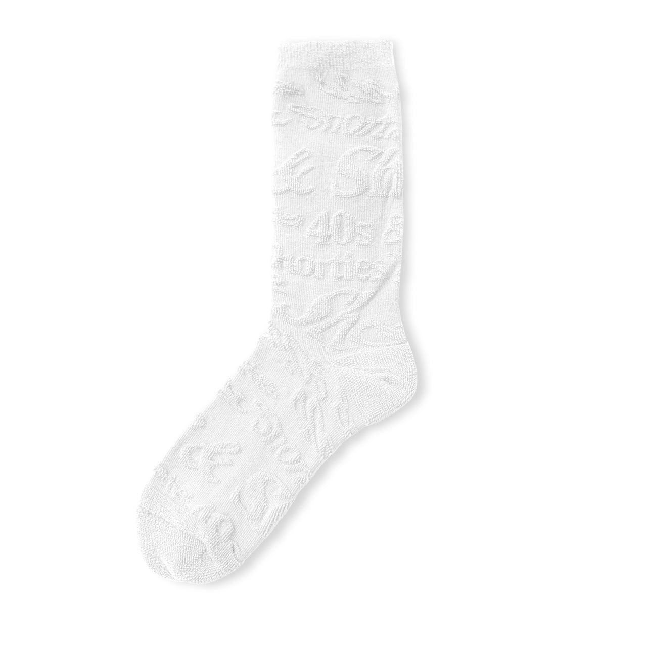White crew sock featuring tonal knit-in wavy 40s & Shorties text logo graphics throughout