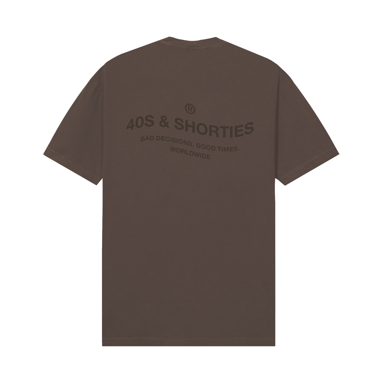 Back view of Wavy General Logo Tee in Brown with large back graphic