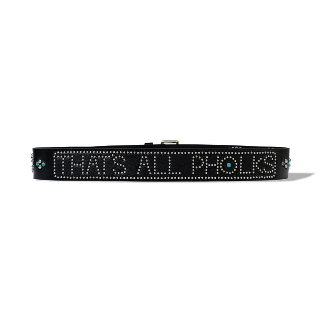 Black leather belt with metal studs spelling out 'THAT'S ALL PHOLKS' from the 40s & Shorties x Leon Thomas collab