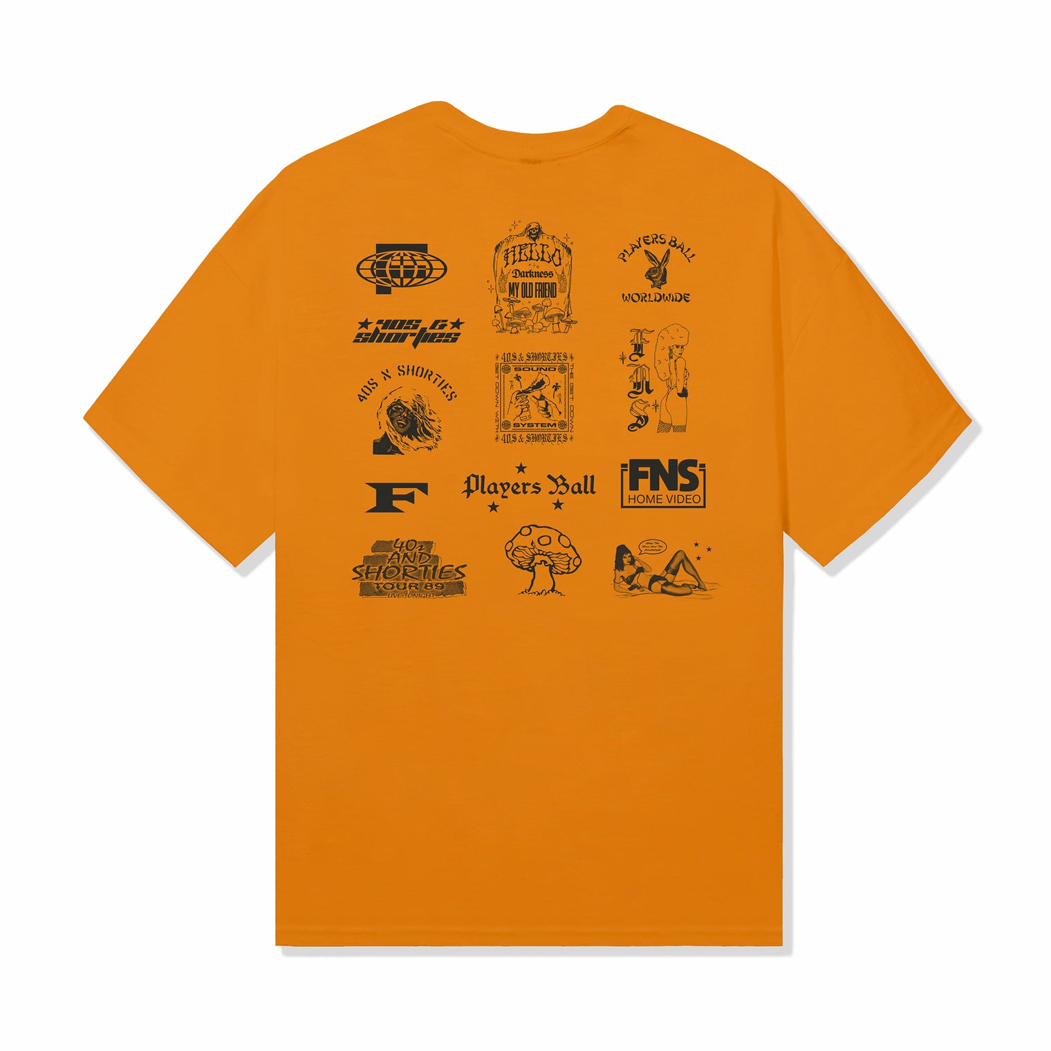 Full back view of the Grid Tee in tangerine with mixed graphic layout.