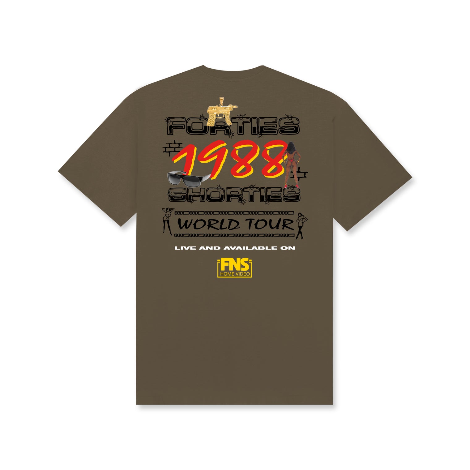 Back of the 1988 Tour Tee in Prairie Dust with bold tour-style print reading “Forties Shorties World Tour 1988” and FNS Home Video graphic