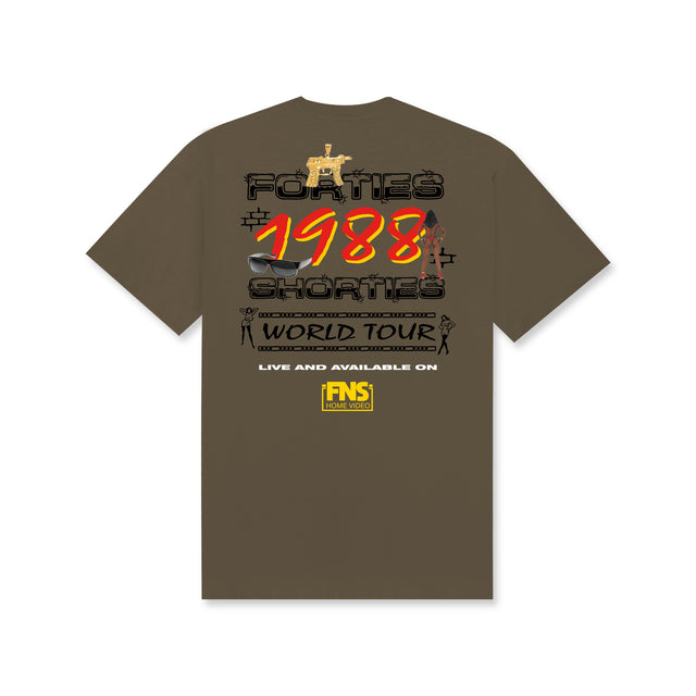 Back of the 1988 Tour Tee in Prairie Dust with bold tour-style print reading “Forties Shorties World Tour 1988” and FNS Home Video graphic